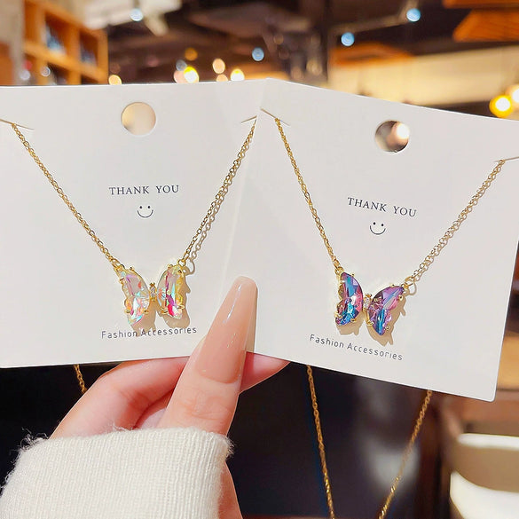 Titanium Steel Animals Butterfly Pendant Necklace With Precious Stones For Women