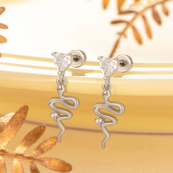 Titanium Steel Animals Zodiac Snake Pendant Inlaid Zircon Girls' Earrings