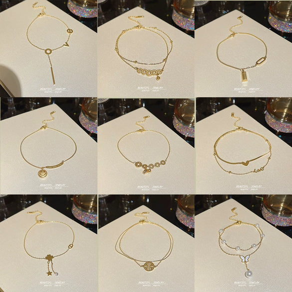Titanium Steel Anklet Gold Plated With Artificial And Semiprecious Stones Letters Numbers Text Women's Jewelry