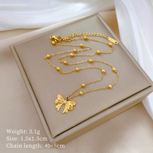 Titanium Steel Bead Chain Bow Geometric Style Real Gold Plated Female Clavicle Necklace Accessories