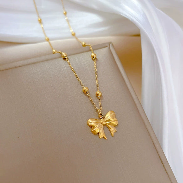 Titanium Steel Bead Chain Bow Geometric Style Real Gold Plated Female Clavicle Necklace Accessories