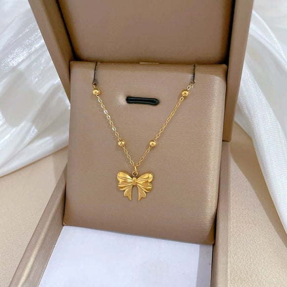 Titanium Steel Bead Chain Bow Geometric Style Real Gold Plated Female Clavicle Necklace Accessories