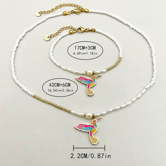 Titanium Steel Bird Pattern Pendant Necklace And Bracelet Set With Pearl Chain And Electroplating Design Simple Style Jewelry