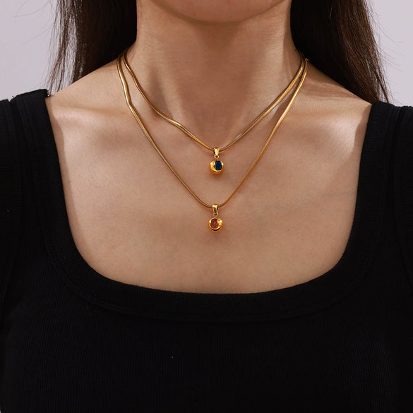 316L Stainless Steel Blade Chain Necklace With Geometric Pendant Inlaid With Color Zirconium And Electroplating Design