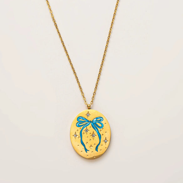 Titanium Steel Bow And Rabbit Element Pet Oval Tarot Necklace With Oil Dripping Pattern Colorpreserving 18K Gold Electroplating