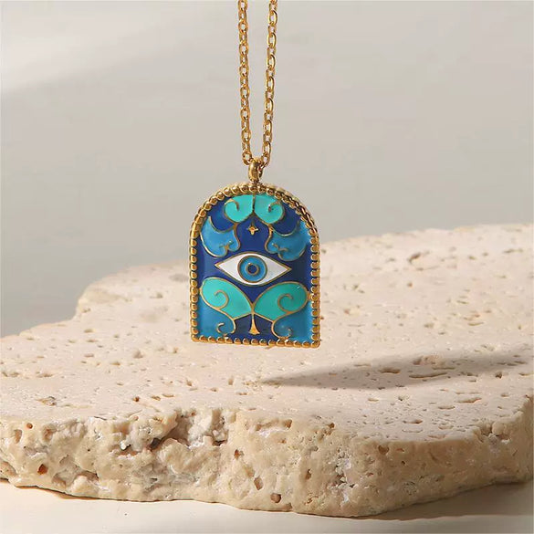 Titanium Steel Bow And Rabbit Element Pet Oval Tarot Necklace With Oil Dripping Pattern Colorpreserving 18K Gold Electroplating
