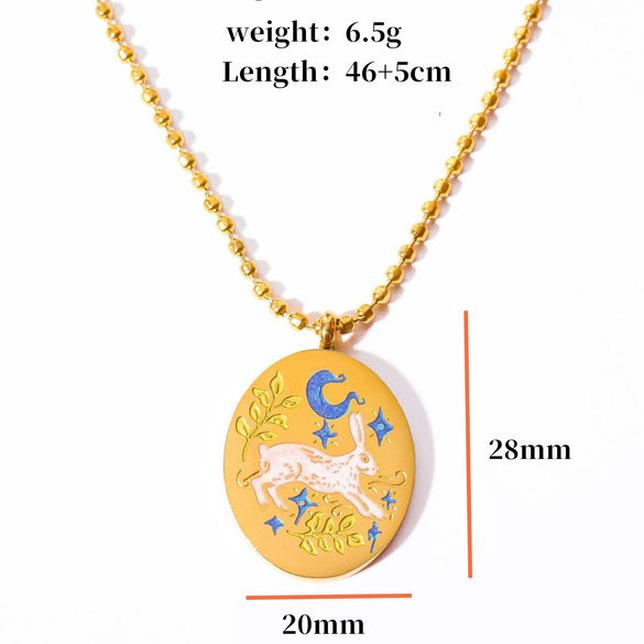 Titanium Steel Bow And Rabbit Element Pet Oval Tarot Necklace With Oil Dripping Pattern Colorpreserving 18K Gold Electroplating