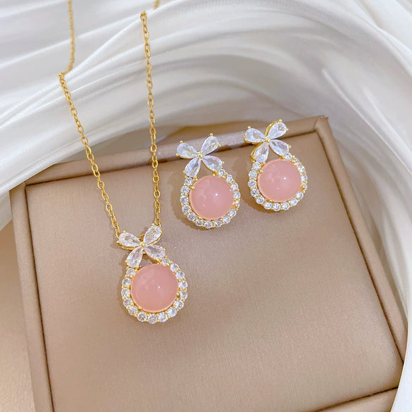 Titanium Steel Bow Earrings And Necklace Set Electroplated Minimalist Style For Women