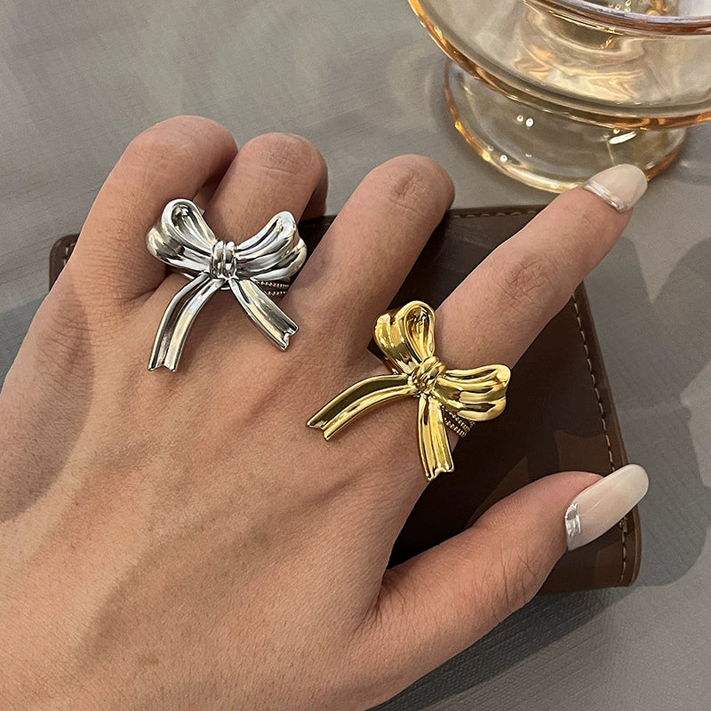 Titanium Steel Bow Ribbon Ring For Women With Electroplating And Uniqu ...