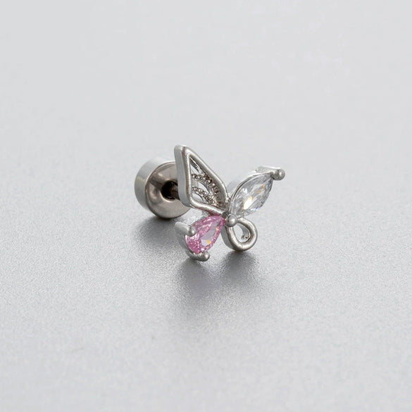 Titanium Steel Bow Shape Pink Zircon Earrings Ear Nail For Women Sweet Style