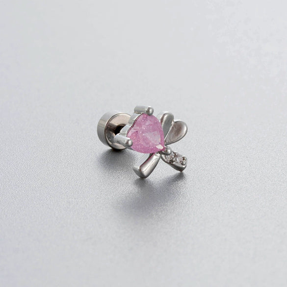 Titanium Steel Bow Shape Pink Zircon Earrings Ear Nail For Women Sweet Style
