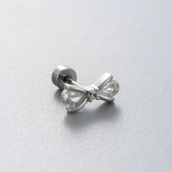 Titanium Steel Bow Shape Zirconia Inlaid Women's Convertible Ear Nail Earrings