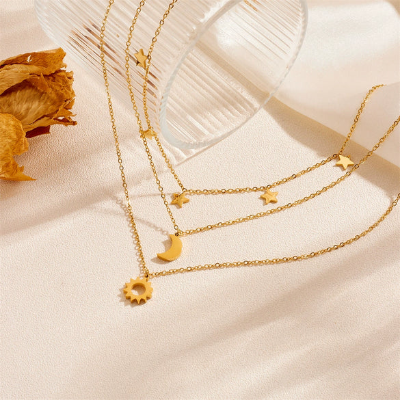 Titanium Steel Box Chain Clavicle Chain With Geometric Moon Star Design