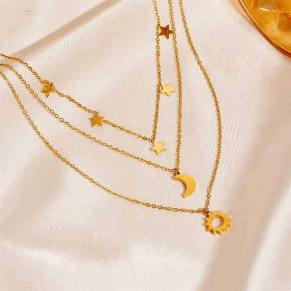 Titanium Steel Box Chain Clavicle Chain With Geometric Moon Star Design