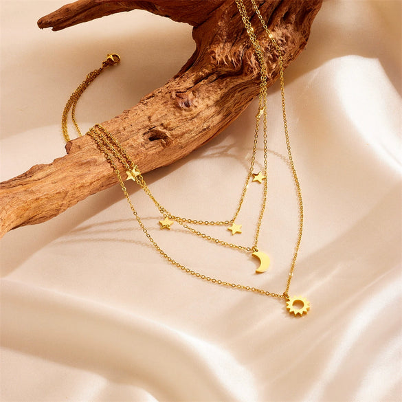 Titanium Steel Box Chain Clavicle Chain With Geometric Moon Star Design
