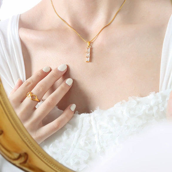 316L Stainless Steel Box Chain Crystal Pendant Goldplated Women's Jewelry With Geometric Style