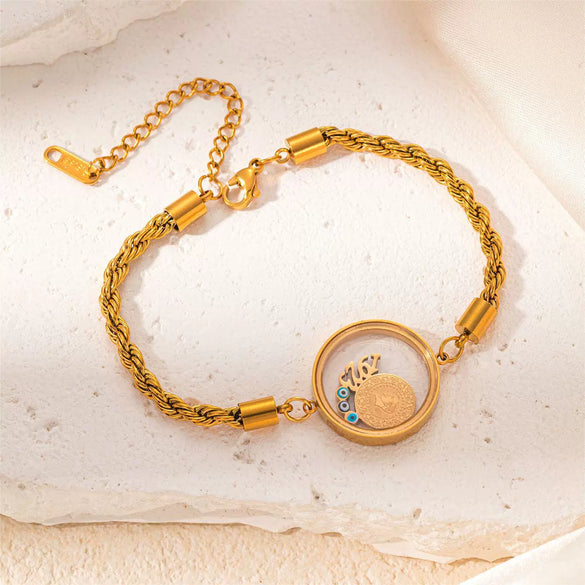 Titanium Steel Bracelet Goldplated With Letters Numbers Text Pattern Round Plate Design