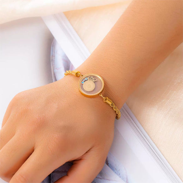 Titanium Steel Bracelet Goldplated With Letters Numbers Text Pattern Round Plate Design