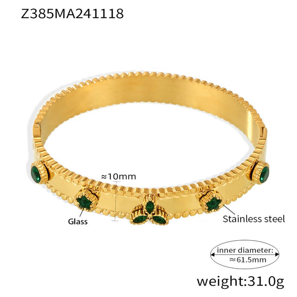 Titanium Steel Bracelet With Clover Zircon Czech Glass Flower Buckle And Gear Design 18K Gold Plated