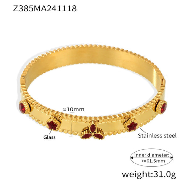 Titanium Steel Bracelet With Clover Zircon Czech Glass Flower Buckle And Gear Design 18K Gold Plated