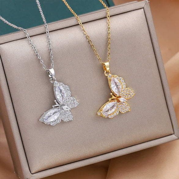 Titanium Steel Butterfly Clavicle Chain With Mixed Gemstone Inlay Styling With Animal And Zodiac Patterns Electroplated For Women