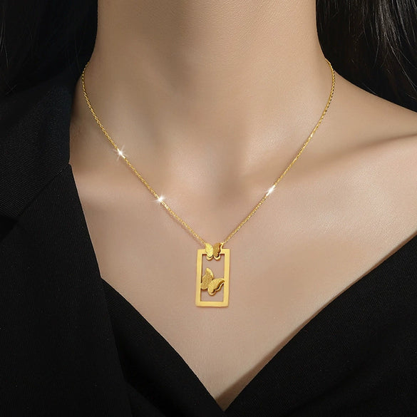 Titanium Steel Butterfly Minimalist Wind Furnace Real Gold Plated Necklace With Geometric Pattern For Unisex