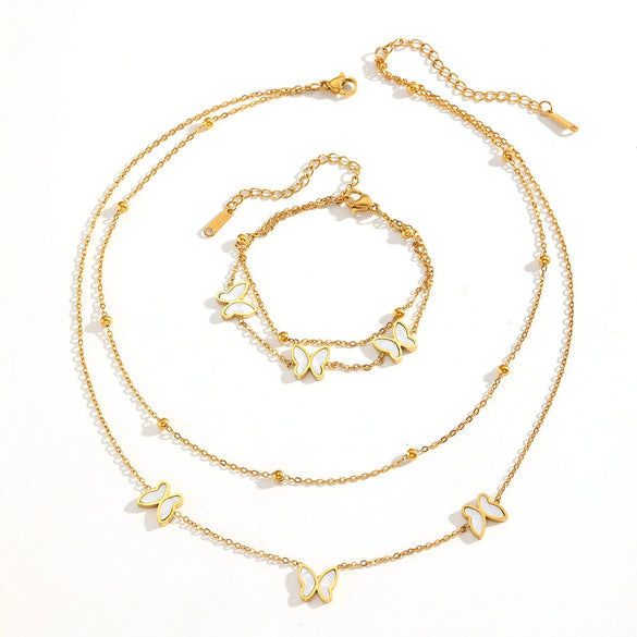 Titanium Steel Butterfly Plants Flowers Pattern Double Layer Necklace And Bracelet Jewelry For Women