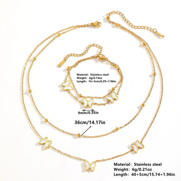 Titanium Steel Butterfly Plants Flowers Pattern Double Layer Necklace And Bracelet Jewelry For Women