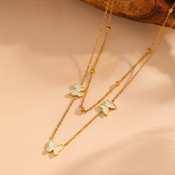 Titanium Steel Butterfly Plants Flowers Pattern Double Layer Necklace And Bracelet Jewelry For Women