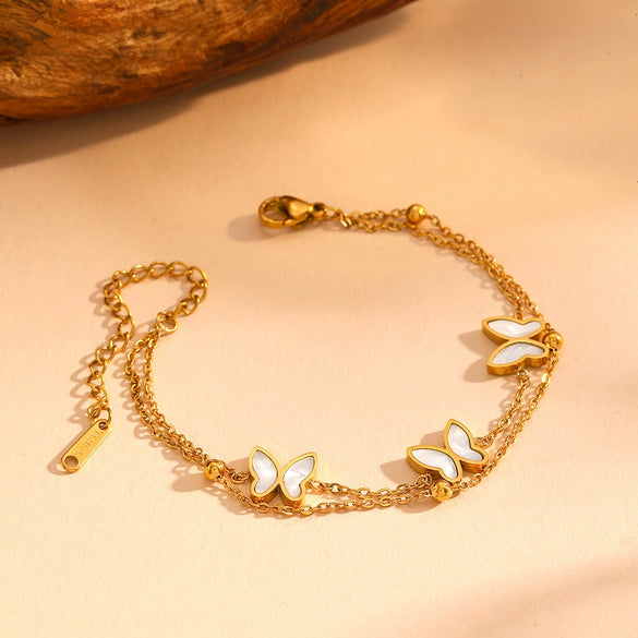 Titanium Steel Butterfly Plants Flowers Pattern Double Layer Necklace And Bracelet Jewelry For Women