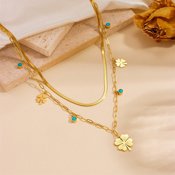 Titanium Steel Butterfly Tree Of Life Devil's Eye Double Layer Blade Tassel Necklace With Electroplating And Geometric Style For Women
