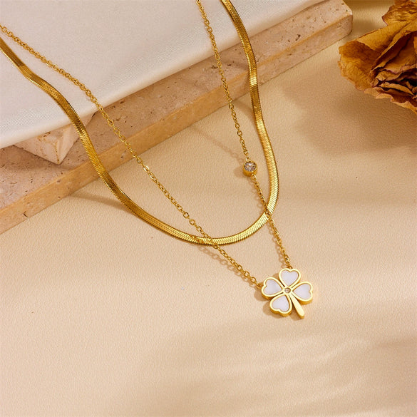 Titanium Steel Butterfly Tree Of Life Devil's Eye Double Layer Blade Tassel Necklace With Electroplating And Geometric Style For Women