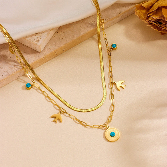 Titanium Steel Butterfly Tree Of Life Devil's Eye Double Layer Blade Tassel Necklace With Electroplating And Geometric Style For Women