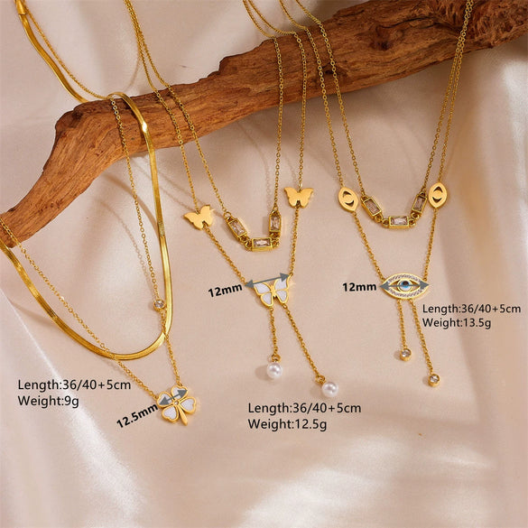 Titanium Steel Butterfly Tree Of Life Devil's Eye Double Layer Blade Tassel Necklace With Electroplating And Geometric Style For Women