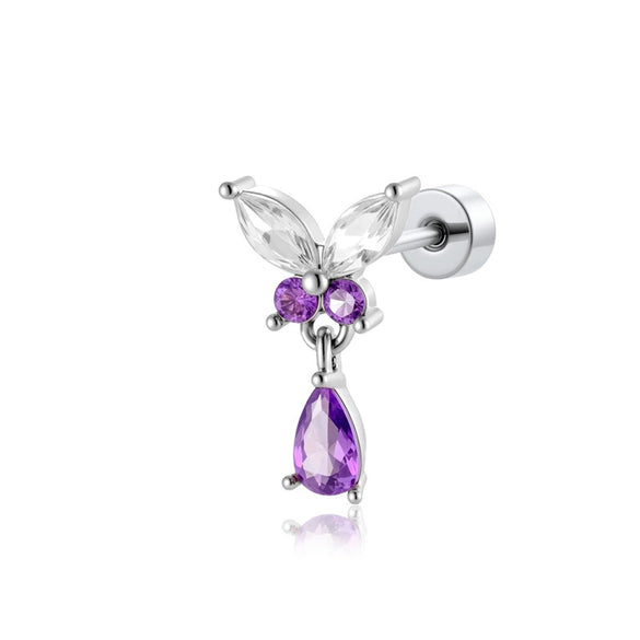 Titanium Steel Butterfly Water Drop Pendant Pierced Earrings With Micropaved Zircon For Women