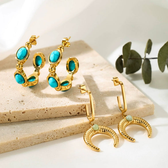 Titanium Steel C Shaped Earrings With Letters Numbers Text Pattern Electroplated Antique Style For Women