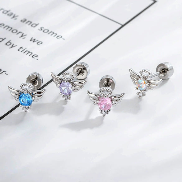 Titanium Steel Cartilage Piercing Jewelry With Angel Wings Design Set With Zircon For Women