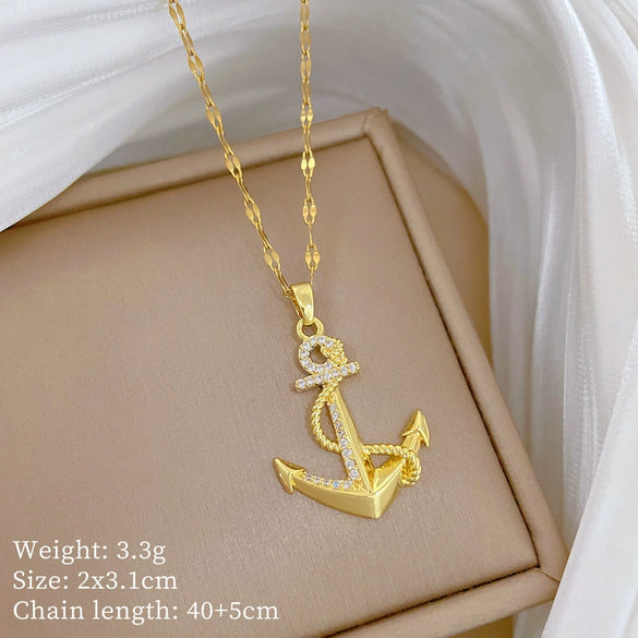 Titanium Steel Cartoon Geometric Anchor Microinlaid Real Gold Unisex Necklace