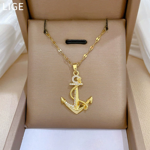 Titanium Steel Cartoon Geometric Anchor Microinlaid Real Gold Unisex Necklace