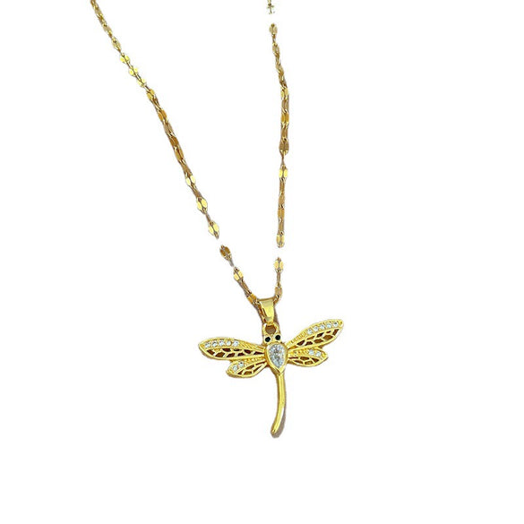Titanium Steel Cartoon Geometric Dragonfly Microinlaid Real Gold Necklace For Women