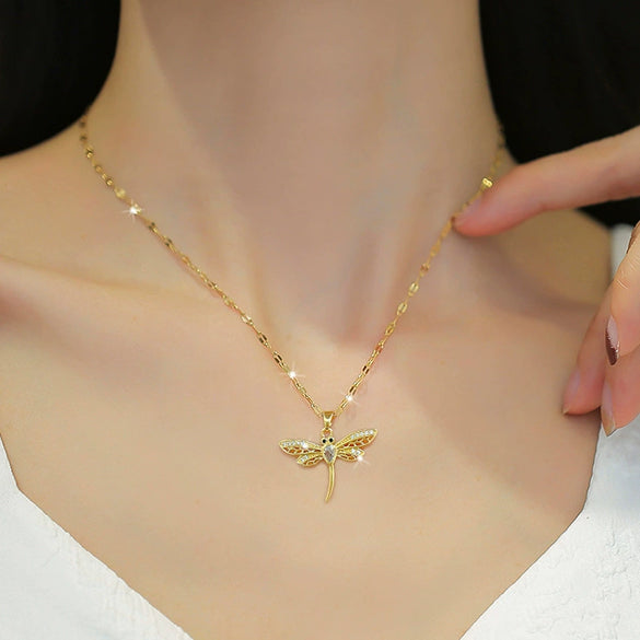Titanium Steel Cartoon Geometric Dragonfly Microinlaid Real Gold Necklace For Women