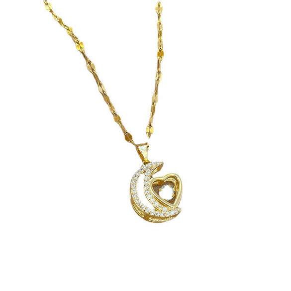 Titanium Steel Cartoon Geometric Moon Heart Smart Microinlaid Real Gold Diamond Necklace For Women