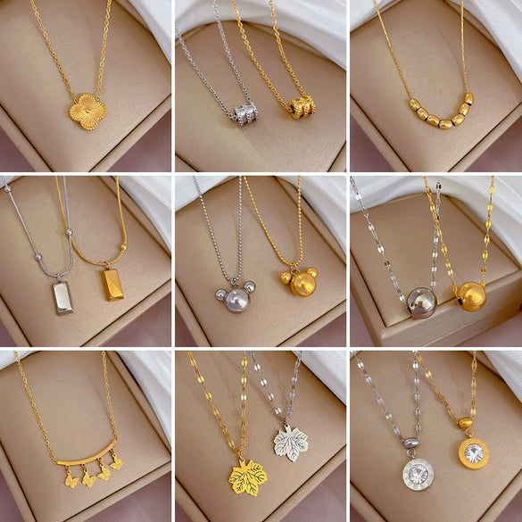 Titanium Steel Cartoon Plant Flowers Geometric Style Electroplated Cold Necklace For Women