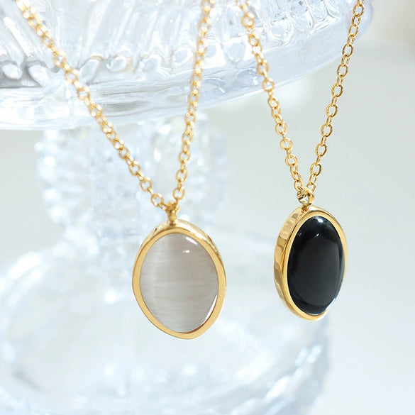 316L Stainless Steel Cat's Eye Pendant Clavicle Chain Necklace With Geometric Pattern And Electroplating Treatment For Women