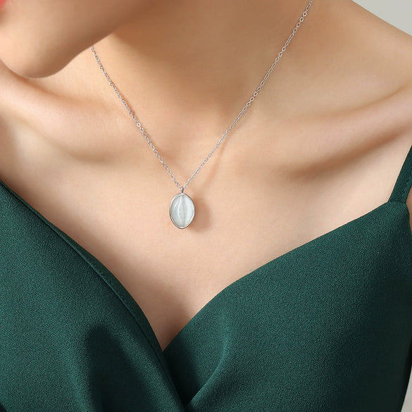 316L Stainless Steel Cat's Eye Pendant Clavicle Chain Necklace With Geometric Pattern And Electroplating Treatment For Women