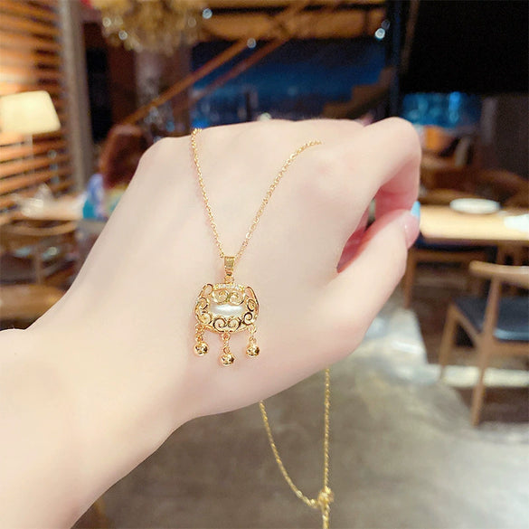 Titanium Steel Cat's Eye Stone Peace Lock Pendant Necklace With Geometric Design For Women