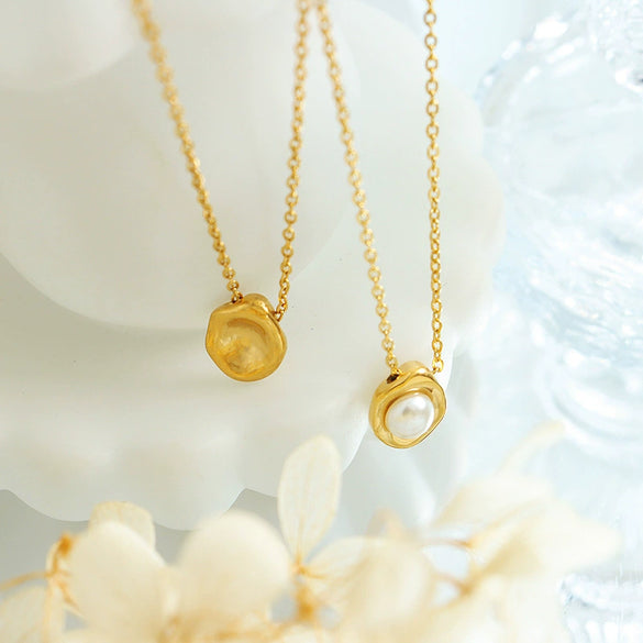316L Stainless Steel Clavicle Necklace With Shell Pearl Elegant Geometric Design 18K Gold Plated