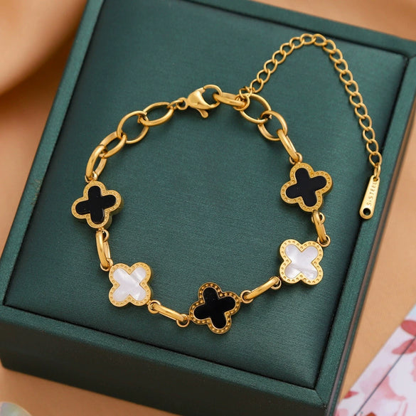 Titanium Steel Clover Geometric Leaves Electroplated Bracelet For Women And Unisex