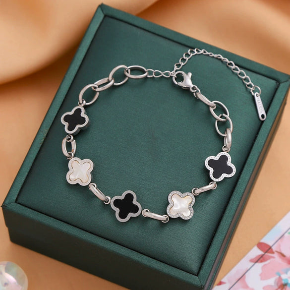 Titanium Steel Clover Geometric Leaves Electroplated Bracelet For Women And Unisex