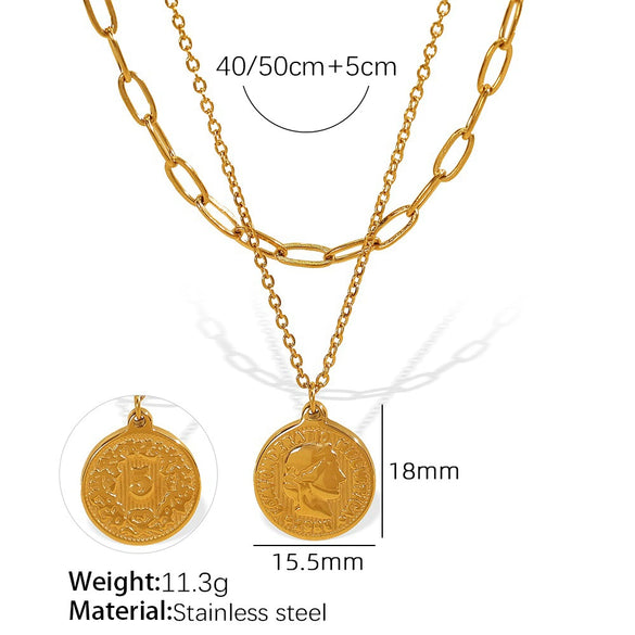 316L Stainless Steel Coin Pendant Women's Clavicle Chain Necklace Electroplated Simple Round Design